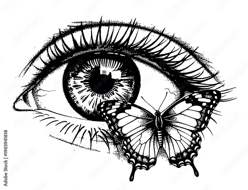 Obraz premium Hand drawn illustration of an eye depicting a butterfly for graphic design