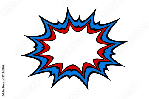 Red and blue comic book explosion burst with star shape on white background