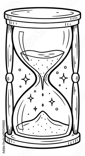 Hand drawn line art illustration of an hourglass depicting sand flowing for time measurement and magic themes