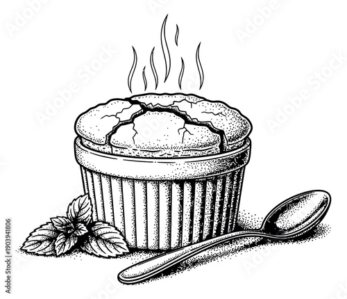 Hand drawn line art illustration of a souffle depicting it steaming with mint leaves and a spoon for a dessert menu
