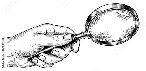 Vintage style hand drawn line art illustration of a hand holding a magnifying glass depicting discovery and search for investigation and research