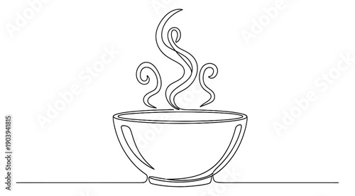 Continuous line art illustration of a bowl depicting rising steam for food and beverage concepts