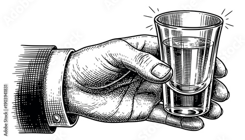 Line art illustration of a hand holding a shot glass depicting a toast for a celebration