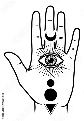 Hand drawn line art illustration of a mystical hand depicting an all-seeing eye, moon, and esoteric symbols for spiritual design