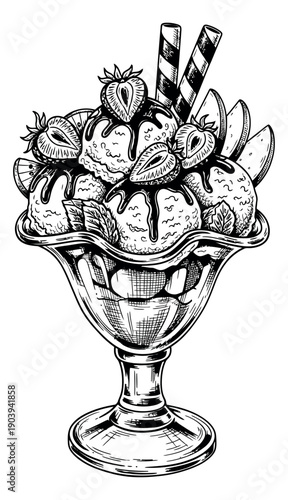 Hand drawn line art illustration of an ice cream sundae depicting a delicious dessert with strawberries and wafer rolls for menu design