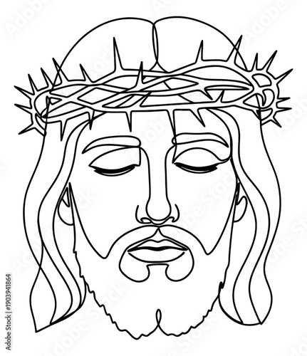 Minimalist line art illustration of Jesus Christ depicting a crown of thorns and closed eyes for religious observance