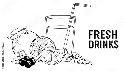 Line art refreshing drinks set featuring a glass of juice, orange slices, blueberries, and redcurrants for summer menus and healthy living