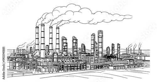 Hand drawn line art illustration of an industrial factory depicting air pollution for environmental concerns