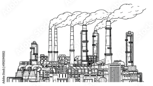 Line art illustration of an industrial factory depicting smoke from chimneys for environmental issues