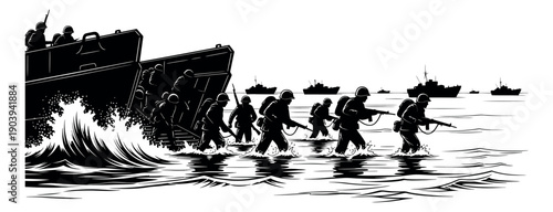 Graphic line art illustration of soldiers depicting an amphibious landing for military history