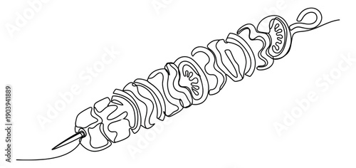 Continuous line art illustration of a kebab skewer depicting fresh ingredients for a healthy meal concept