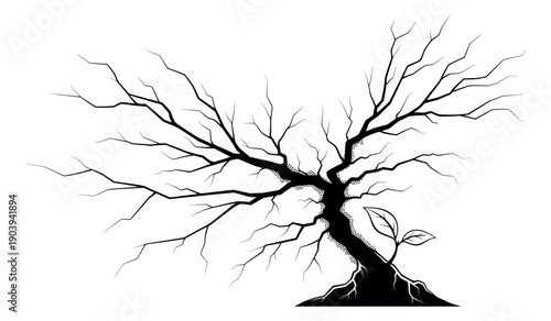 Hand drawn line art illustration of an old tree and a new sprout depicting the cycle of life and renewal for environmental themes