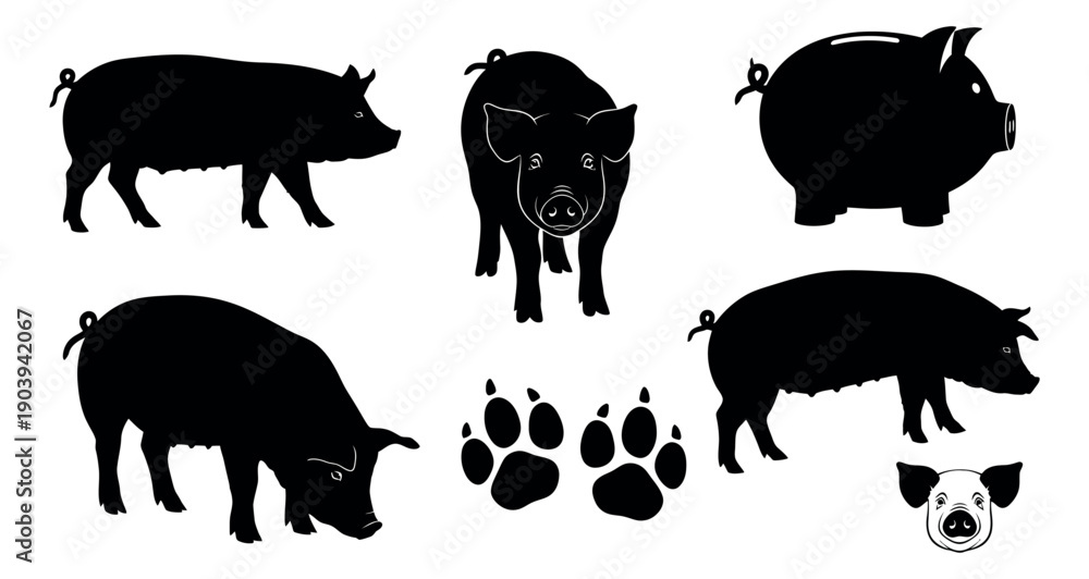 Fototapeta premium Black silhouette pig set featuring various pig poses, a pig head, hoof prints, and a piggy bank for farm and financial themes