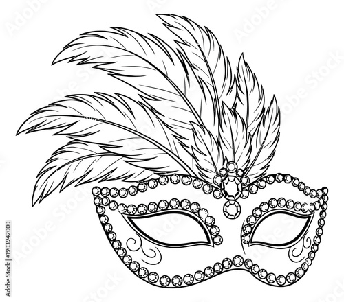 Hand drawn line art illustration of a masquerade mask depicting feathers and jewels for a carnival celebration