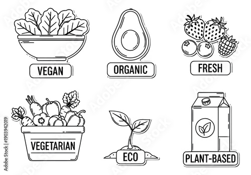 Hand drawn line art dietary and ecology label set featuring vegan, organic, fresh, vegetarian, eco, and plant-based concepts for a natural lifestyle