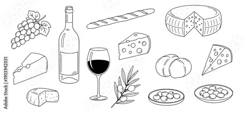 Hand drawn line art food and drink set featuring grapes, wine, baguette, cheese, and olives for gourmet dining themes