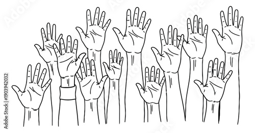 Hand drawn line art illustration of a crowd raising hands for active community participation