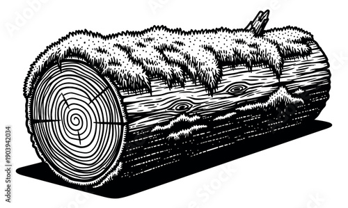 Hand drawn line art illustration of a log depicting moss and growth rings for nature and forest designs