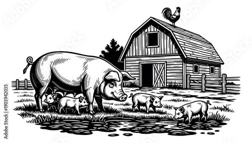 Line art illustration of a pig family depicting farm life for rural concepts