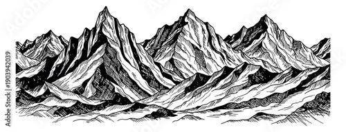 Hand drawn line art illustration of a mountain range depicting rugged peaks for nature concepts