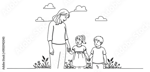 Hand drawn line art illustration of a mother and two children depicting holding hands and walking for family life concepts
