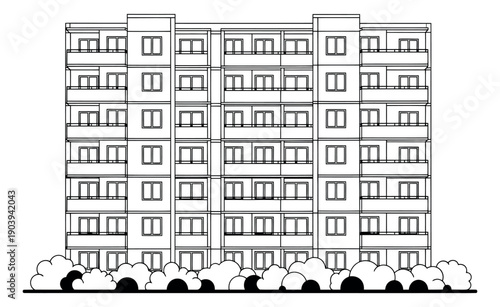 Line art illustration of a multi story apartment building depicting balconies and windows with bushes for urban housing concepts