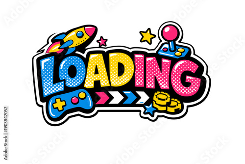 Colorful gaming loading screen with rocket, controller, and joystick graphics