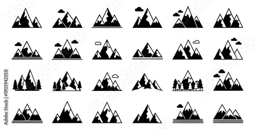 Minimalist mountain icon set featuring peaks, snow, clouds and trees for nature and travel design