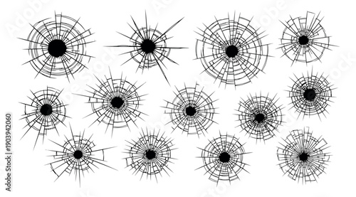 Line art broken glass set featuring radial crack patterns for damage effect graphics
