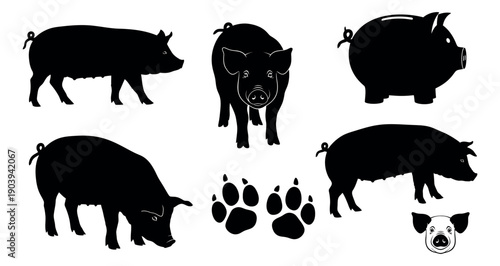 Black silhouette pig set featuring various pig poses, a pig head, hoof prints, and a piggy bank for farm and financial themes