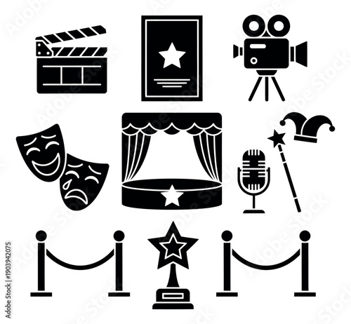 Solid glyph icons set featuring a clapperboard, masks, stage, camera, and trophy for the entertainment industry