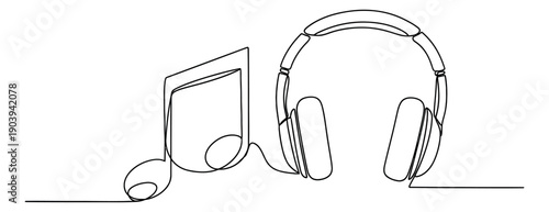Hand drawn line art music icons set featuring a musical note and headphones for audio concepts