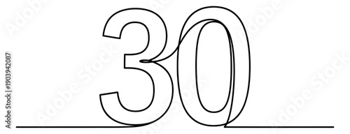Continuous line art illustration of number 30 depicting a minimalist design for milestones and celebrations