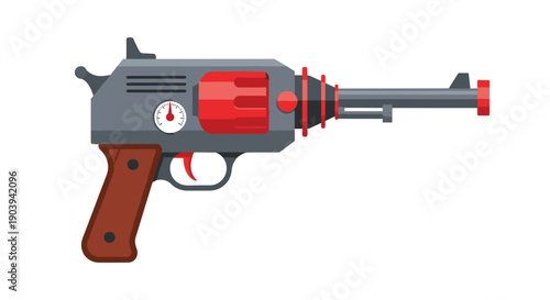 A futuristic ray gun with red and gray accents represents science fiction, retro-futurism, and imaginative technology.