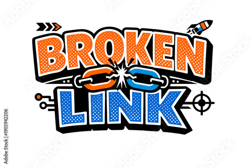 Broken link graphic with rocket and tech elements
