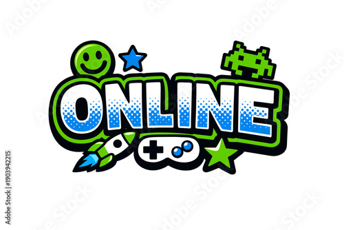 Colorful online gaming logo with retro icons and playful elements