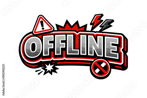 Offline sign with dynamic comic style elements and bold red accents