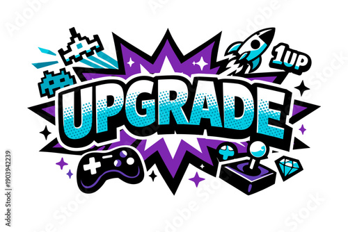 Retro gaming upgrade graphic with icons and pixel art elements