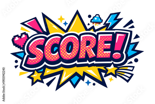 Colorful comic style score graphic with icons and dynamic shapes