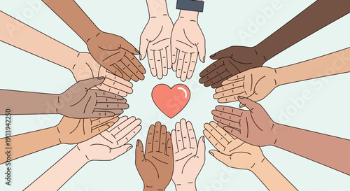 Diverse hands reaching towards a heart, symbolizing unity, community, and love