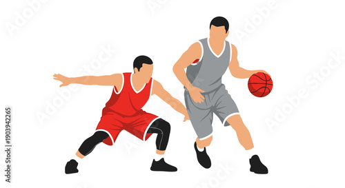 Two male basketball players in action during a competitive game of basketball, one defending and the other dribbling the ball