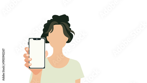 Woman holding smartphone showing screen white background advertising mock up banner flat design vector template