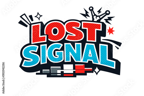 Retro comic style lost signal text with glitch effects and antenna graphics