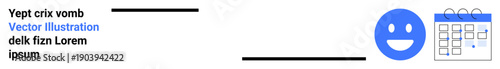 Scheduling tools, time management, productivity apps, happy emotions, planning systems, and team collaboration. Blue happy face icon and calendar. Scheduling tools and time management concept