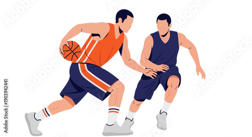 Basketball players in action, dribbling and defending during a competitive game, illustrating teamwork and athleticism on the court