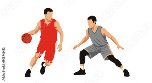 Basketball players in action, one dribbling the ball and the other defending, isolated on a white background