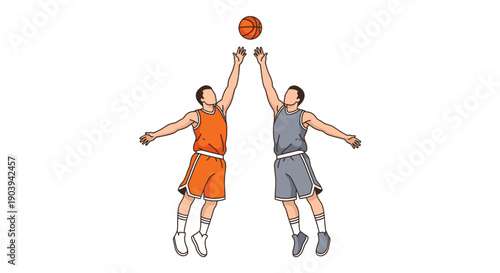 Two basketball players jumping to tip off the ball during a game