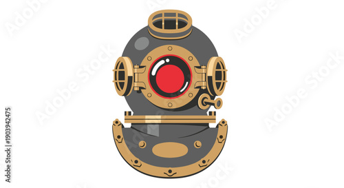 A vintage deep-sea diving helmet with brass accents symbolizes exploration, adventure, underwater, and historical equipment.