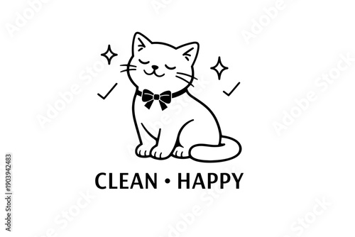 Happy cat icon with bow tie and cleanliness symbols