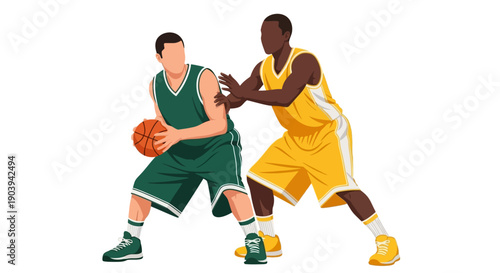 Basketball players in action, one defending and one with the ball, ready to make a move